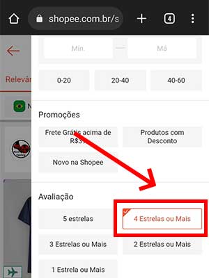 Tela da Shopee com filtro de avaliação selecionada com 4 estrelas ou mais