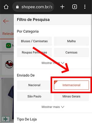 Tela da Shopee com a opção de envio internacional selecionado