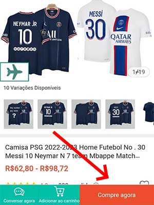 Tela da Shopee mostrando o anúncio de uma fornecedor de camisas de time tailandesas, com foco no botão comprar