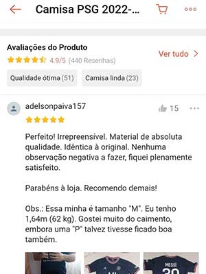 Tela da Shopee mostrando os comentários e avaliações feitas em um anúncio de camisas de time