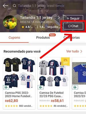 Tela da shopee mostrando a opção de chat dentro da página principal de um fornecedor de camisas de time tailandesas