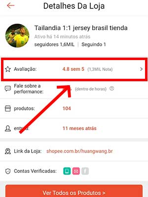 Tela da shopee mostrando detalhes de um fornecedor de camisas de time tailandesas, com destaque para as avaliações 