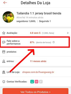 Tela da shopee mostrando detalhes de um fornecedor de camisas de time tailandesas, com destaque para a performance