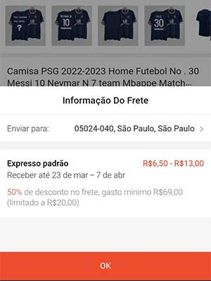 Tela da Shopee mostrando opção de frete dentro do anúncio