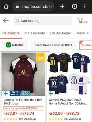 Tela da shopee com resultado da busca por fornecedores de camisas de time tailandesas filtrada