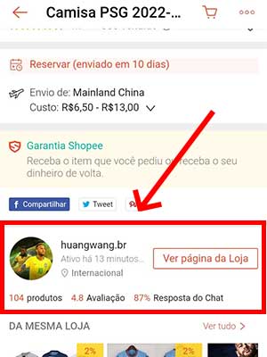 Tela de um produto da Shopee informando dados do vendedor